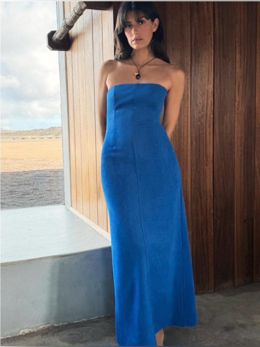 Strapless Blue Midi Dress suede